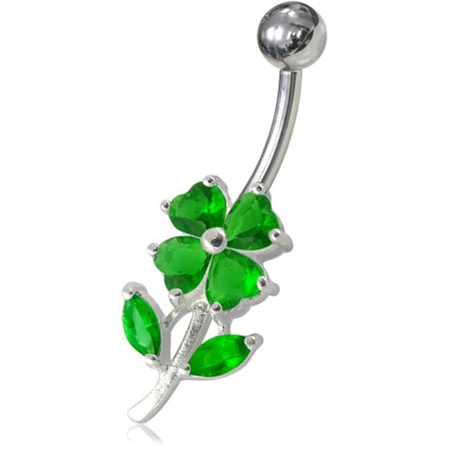 925 Sterling Silver Jewelled Flower Leaf Non-Moving Belly Ring - Monster Piercing