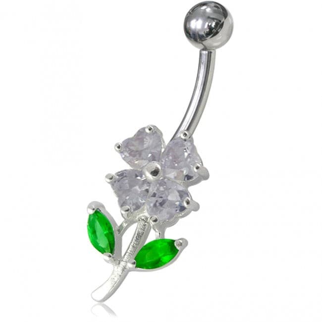 925 Sterling Silver Jewelled Flower Leaf Non-Moving Belly Ring - Monster Piercing