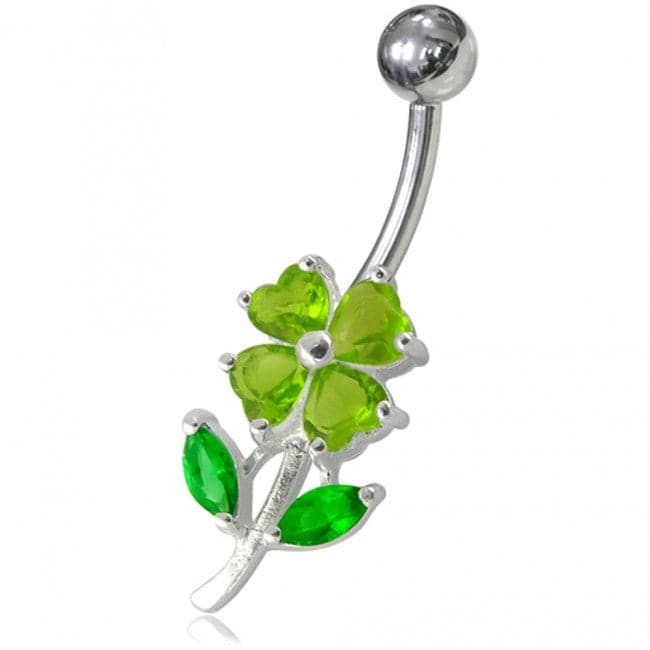 925 Sterling Silver Jewelled Flower Leaf Non-Moving Belly Ring - Monster Piercing