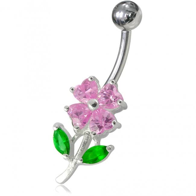 925 Sterling Silver Jewelled Flower Leaf Non-Moving Belly Ring - Monster Piercing