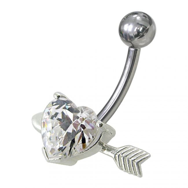 925 Sterling Silver Fancy Heart with Arrow Jewelled Non-Moving Belly Ring - Monster Piercing