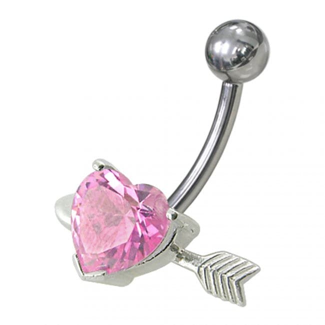925 Sterling Silver Fancy Heart with Arrow Jewelled Non-Moving Belly Ring - Monster Piercing
