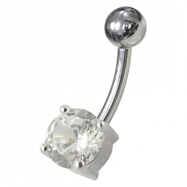 925 Sterling Silver Fancy CZ Jewelled Non-Moving Curved Bar Belly Ring - Monster Piercing