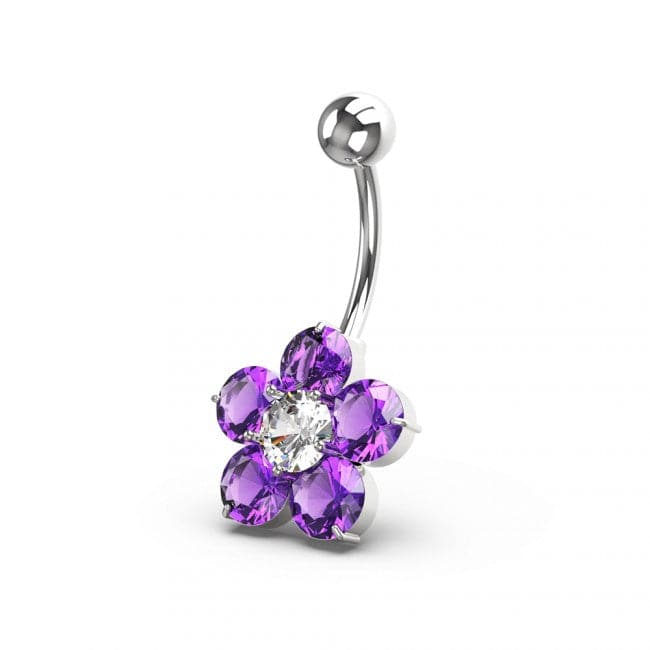 925 Sterling Silver Jewelled Flower Non Dangling Navel Bar - Monster Piercing