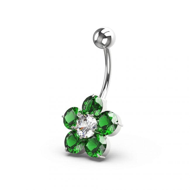 925 Sterling Silver Jewelled Flower Non Dangling Navel Bar - Monster Piercing