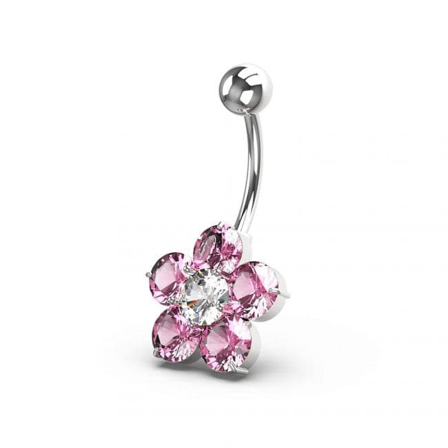 925 Sterling Silver Jewelled Flower Non Dangling Navel Bar - Monster Piercing