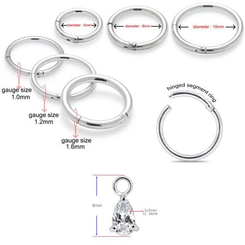 Detailed sizing guide for Jewelled Pear Drop Hinged Clicker Earrings showing gauge, diameter, and segment ring design for accurate jewelry fitting.