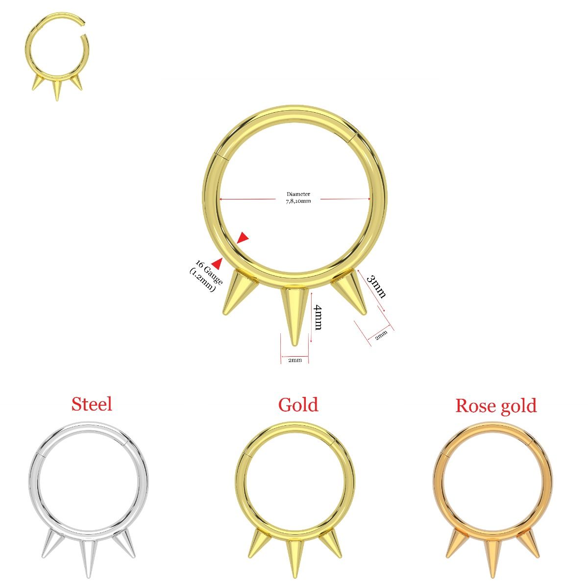 316L Surgical Steel Triple Spikes Hinged Septum Clicker Ring - Monster Piercing