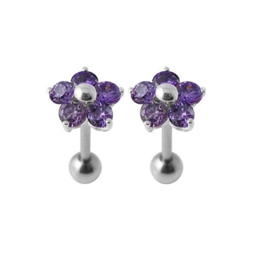 Jeweled Daisy Silver Ear Plug showcasing purple crystal petals and sterling silver backing, a whimsical floral piece for fashion earrings.