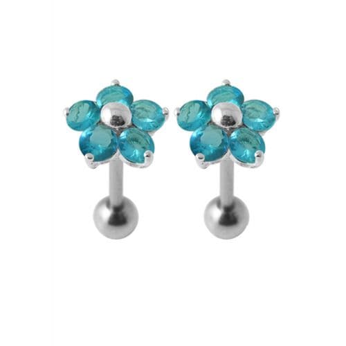 Jeweled Daisy Silver Ear Plug - Floral Charm in aqua blue, crafted from 925 sterling silver with ball back, ideal for stylish body jewelry.