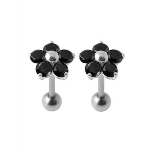 Jeweled Daisy Silver Ear Plug - Floral Charm in black gemstone, featuring 925 sterling silver and secure ball back for trendy fashion earrings.