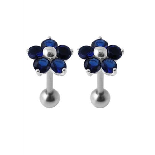 Jeweled Daisy Silver Ear Plug in deep blue stones with sterling silver ball back, perfect floral charm for fashion earrings collection.