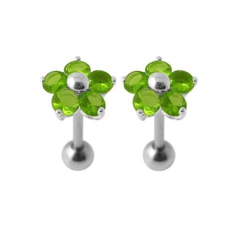 Jeweled Daisy Silver Ear Plug with vibrant green petals and sterling silver ball back, a fresh floral accent for fashion earrings lovers.