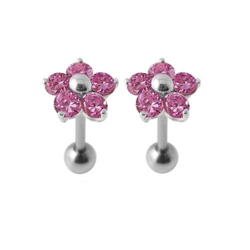 Jeweled Daisy Silver Ear Plug adorned with pink gemstones and sterling silver finish, a charming floral touch for trendy body jewelry.