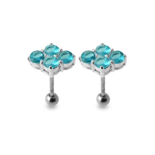 Multi-Jeweled Silver Ear Jewelry with aqua blue stones in a clover design, crafted from 925 sterling silver for stylish ear adornment.