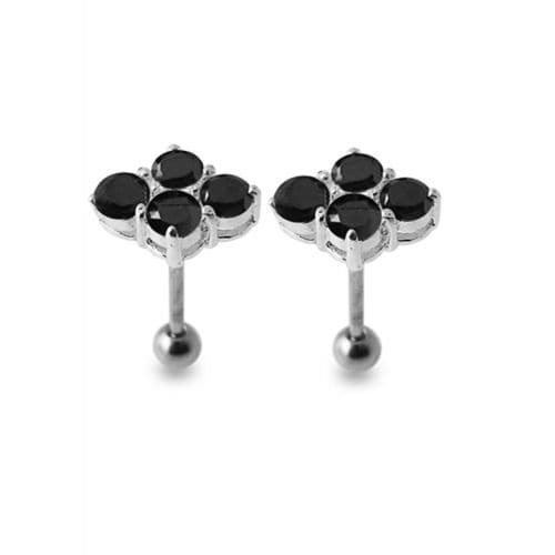 Multi-Jeweled Silver Ear Jewelry featuring black gemstones in a floral cluster, elegant sterling silver fashion earrings with ball back.