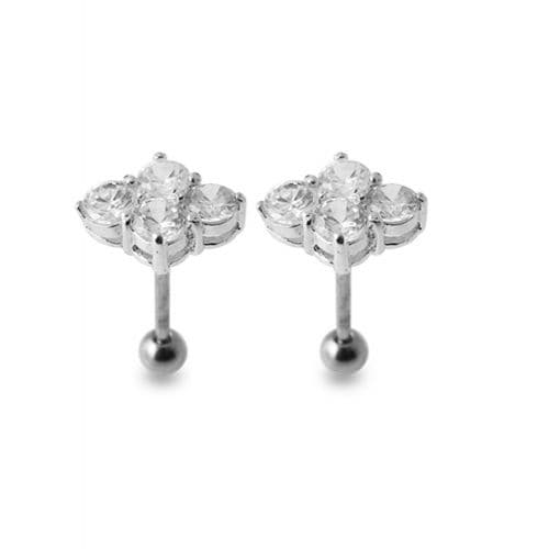 Multi-Jeweled Silver Ear Jewelry with clear gemstones in a four-stone setting, 925 sterling silver earrings ideal for chic body jewelry.
