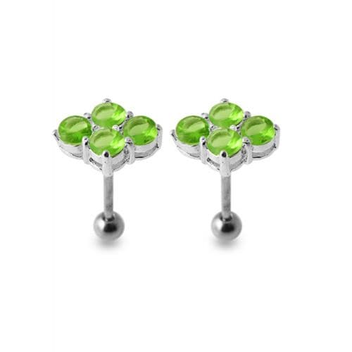 Multi-Jeweled Silver Ear Jewelry with green gemstones in a floral design, crafted from 925 sterling silver with ball back closure.