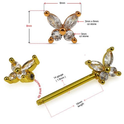 316L Surgical Steel Butterfly Jewelled Nipple Bar - Monster Piercing
