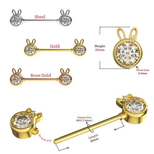 316L Surgical Steel Jewelled Bunny Nipple Bar - Monster Piercing