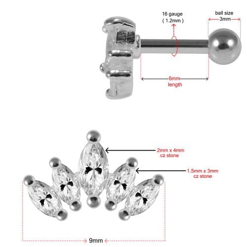 925 Sterling Silver 5 marquise CZ Jewelled Cartilage Ear Stud - Monster Piercing