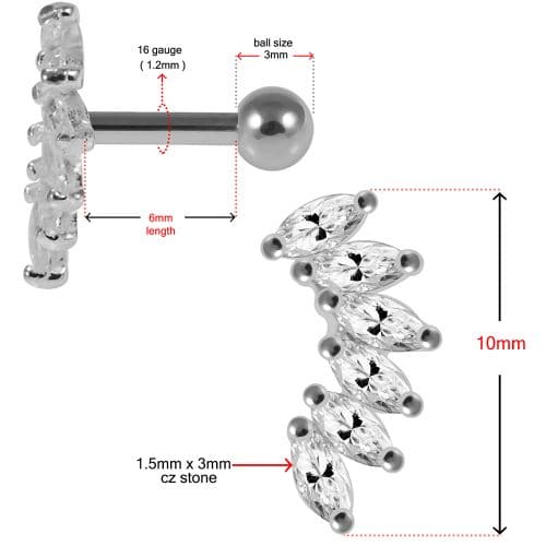 925 Sterling Silver Marquise CZ Jewelled Tragus Piercing Ear Stud - Monster Piercing