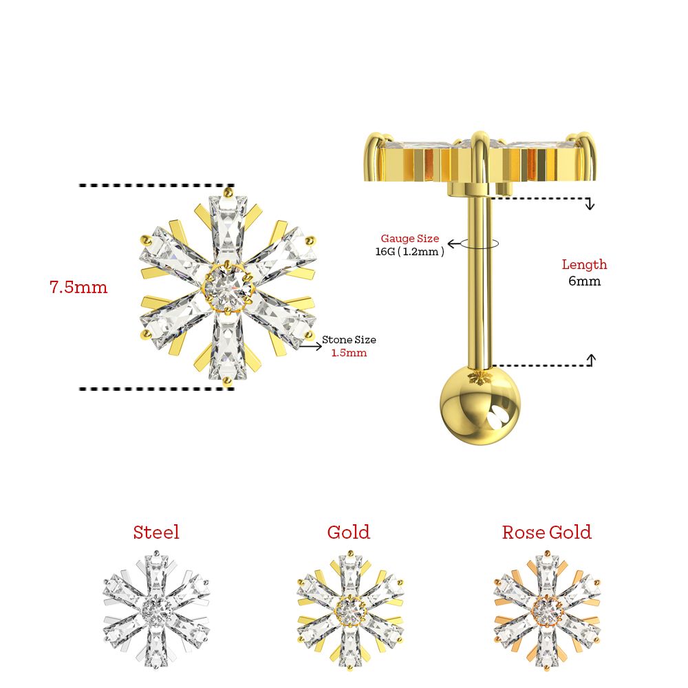 316L Surgical Steel Cubic Zirconia Studded Snowflake Stud - Monster Piercing