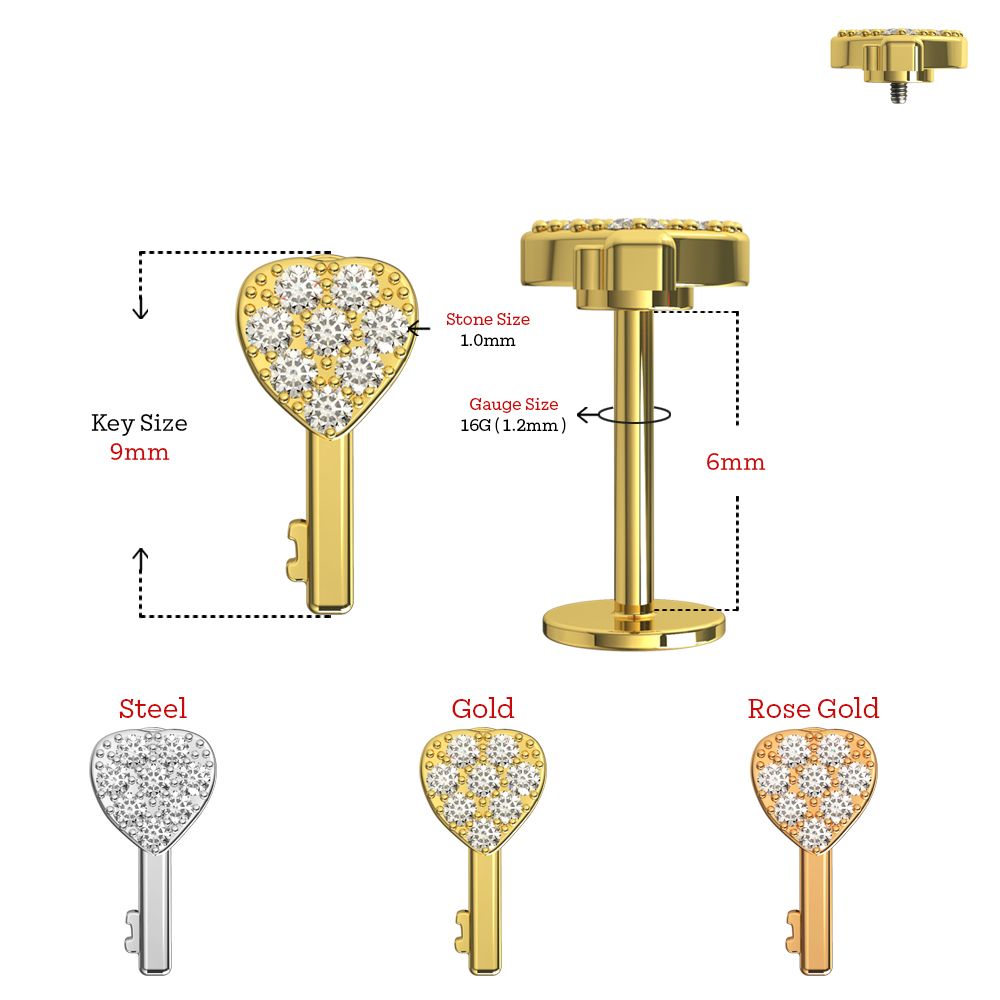 316L Surgical Steel Micro CZ Jewelled Key Flatback Stud - Monster Piercing