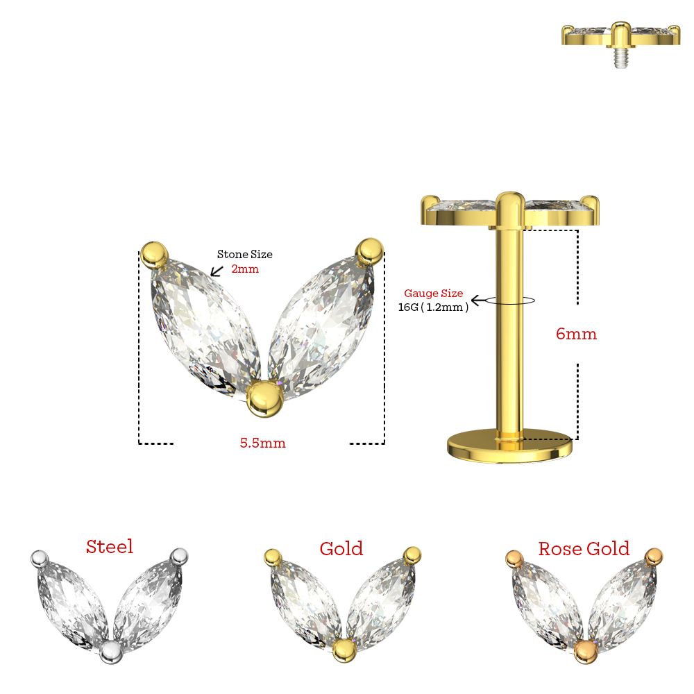 316L Surgical Steel Double Marquise CZ Jewelled Internally Threaded Flatback Stud - Monster Piercing