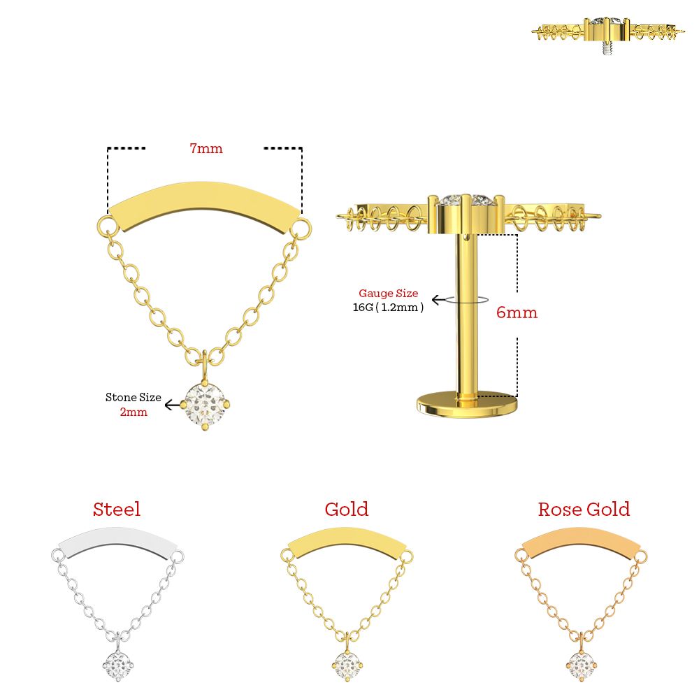 316L Surgical Steel Chain with Round CZ Dangle Hidden Helix Flatback Stud - Monster Piercing