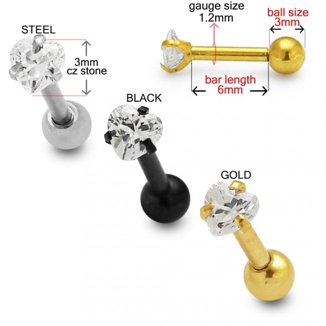 316L Tragus Bar with Clear Heart Gem Top Stud - Monster Piercing
