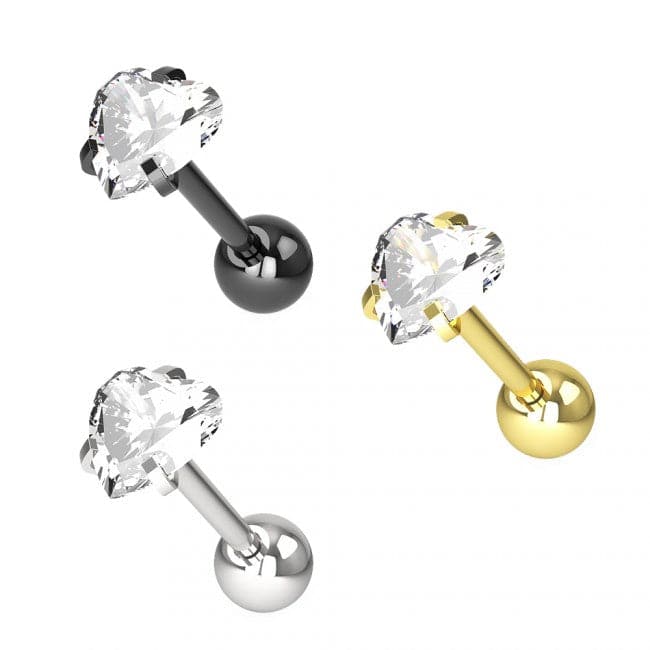 316L Tragus Bar with Clear Heart Gem Top Stud - Monster Piercing