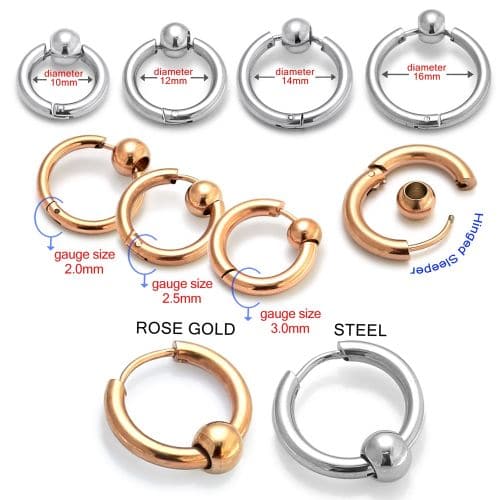 316L Surgical Steel Hinged Sleeper Earrings Hoops with Bead Ball - Monster Piercing