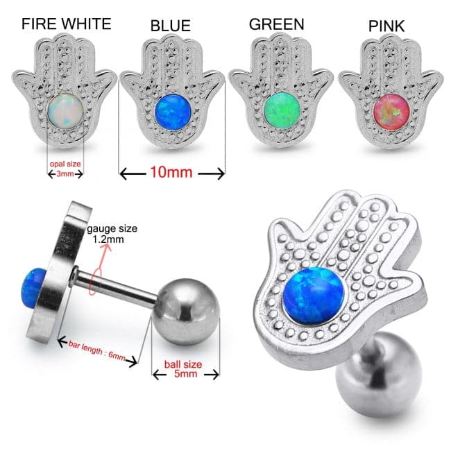 316L Surgical Steel Hamsa with Opal Stone Cartilage Ear Stud - Monster Piercing