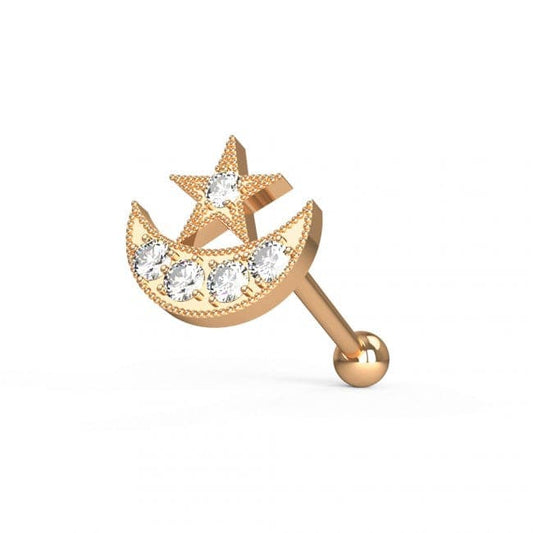 316L Surgical Steel Jewelled Crescent & Star Cartilage Ear Stud - Monster Piercing