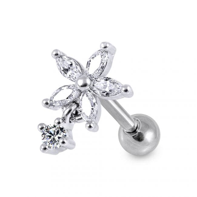 316L Surgical Steel Flower Clear Gem Top Dangling Cartilage Helix Tragus Piercing - Monster Piercing