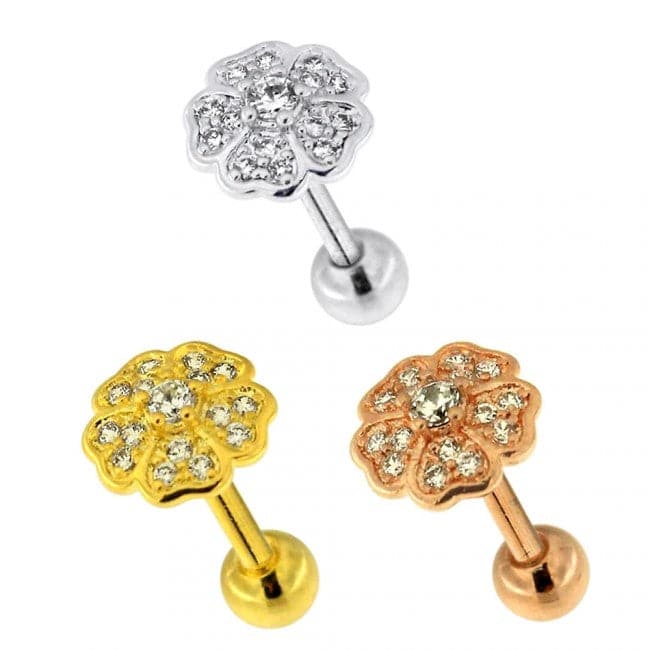 316L Surgical Steel Flower Micro Jewelled Cartilage Ear Stud - Monster Piercing