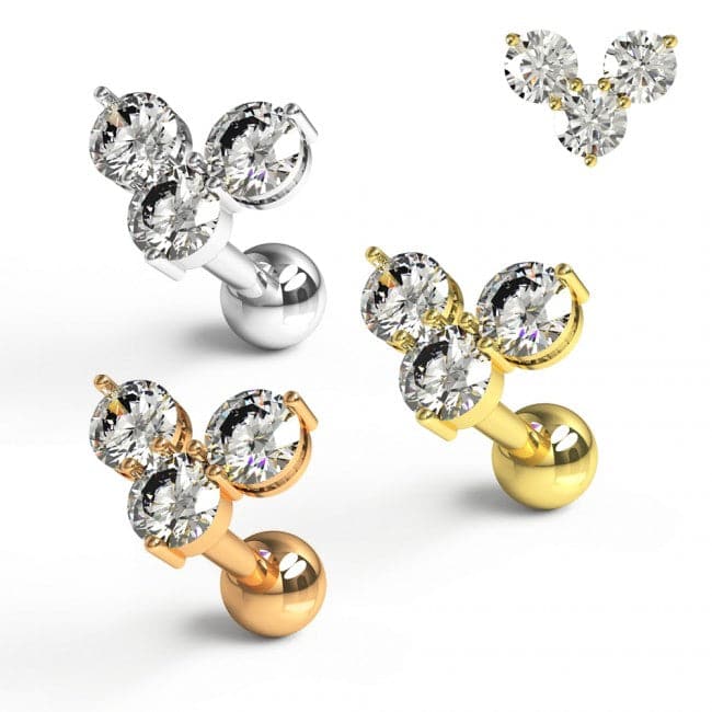 316L Surgical Steel Trinity Round Jewelled Ball Back Cartilage Ear Stud - Monster Piercing