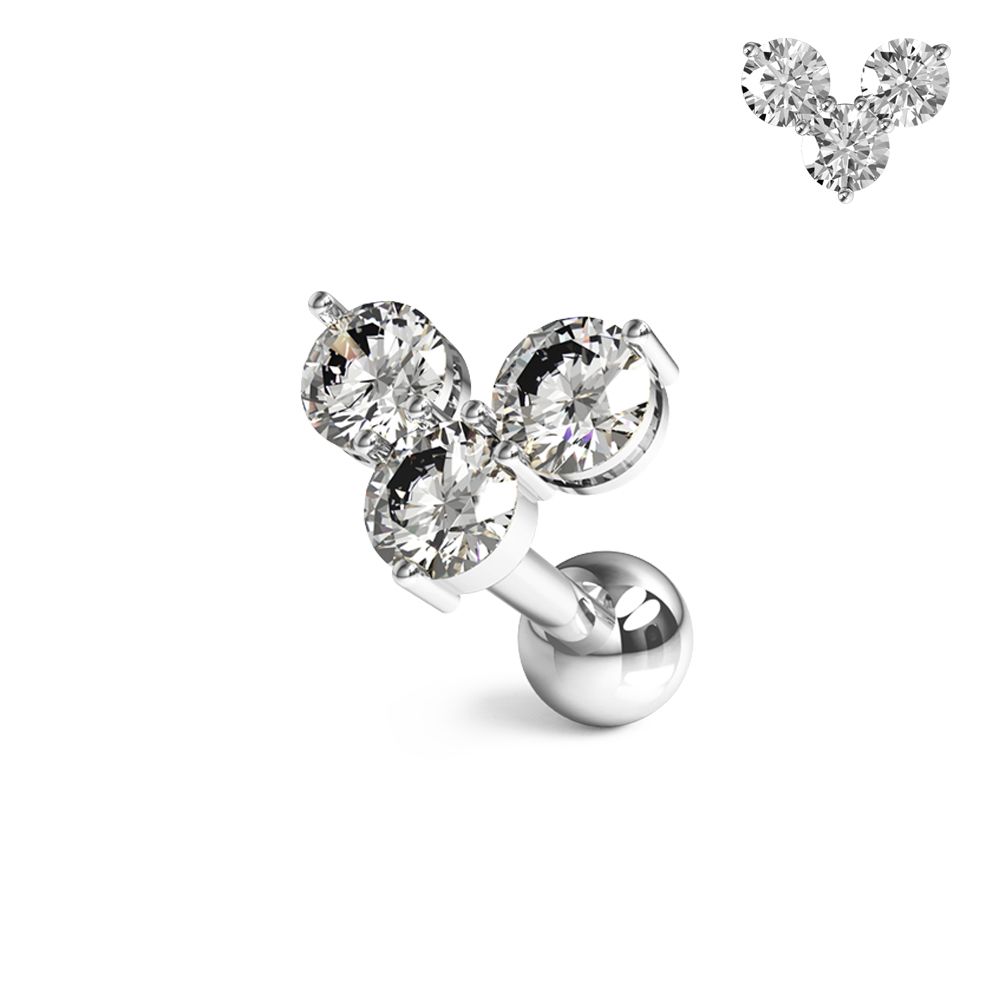 316L Surgical Steel Trinity Round Jewelled Ball Back Cartilage Ear Stud - Monster Piercing