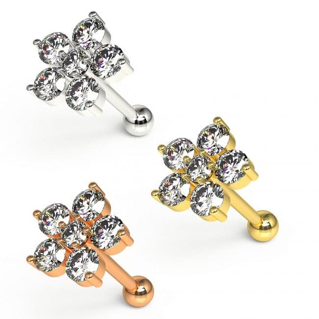 316L Surgical Steel Jewelled 6 Stone Flower Ear Stud - Monster Piercing