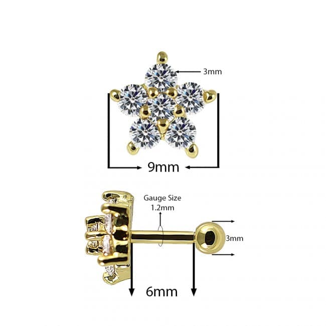 316L Surgical Steel Jewelled Pentas Flower Cartilage Ear Stud - Monster Piercing