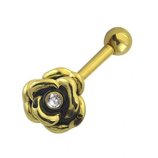 316L Surgical Steel Rose Flower with Single Stone Cartilage Ear Stud - Monster Piercing