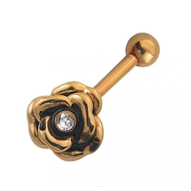 316L Surgical Steel Rose Flower with Single Stone Cartilage Ear Stud - Monster Piercing