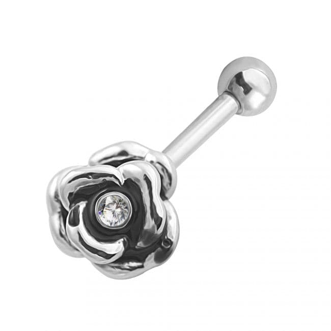 316L Surgical Steel Rose Flower with Single Stone Cartilage Ear Stud - Monster Piercing
