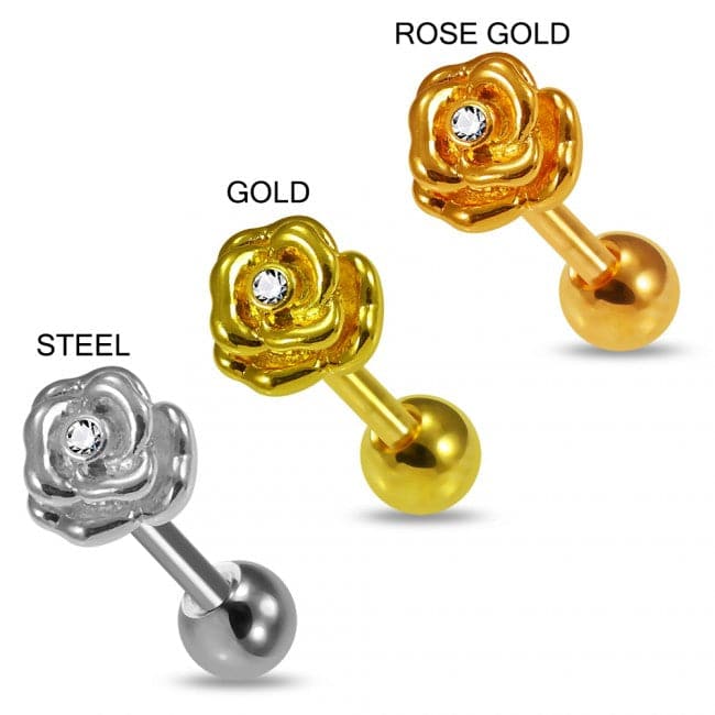 316L Surgical Steel CZ Jewelled Rose Flower Cartilage Ear Stud - Monster Piercing