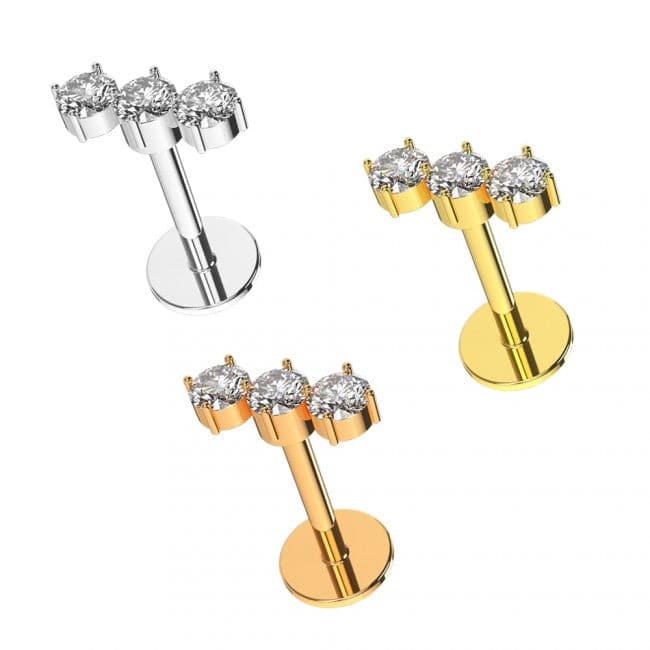 316L Surgical Steel Triple CZ Jewelled Ear Stud - Monster Piercing