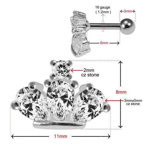 925 Sterling Silver Jewelled Crown Cartilage Ear Stud - Monster Piercing