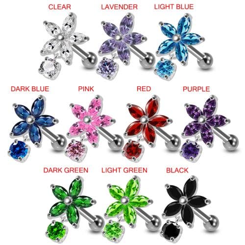 925 Sterling Silver Jewelled Flower with Hanging Stone Cartilage Stud - Monster Piercing
