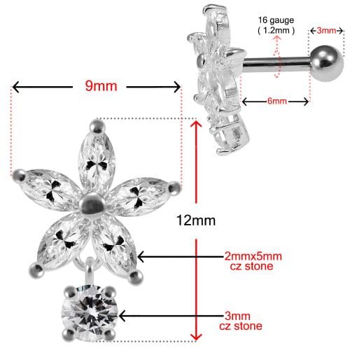 925 Sterling Silver Jewelled Flower with Hanging Stone Cartilage Stud - Monster Piercing