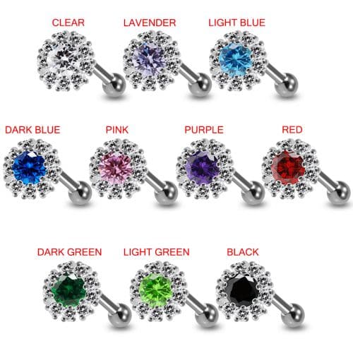 925 Sterling Silver Round CZ Jewelled Cartilage Helix Tragus Piercing Ear Stud - Monster Piercing